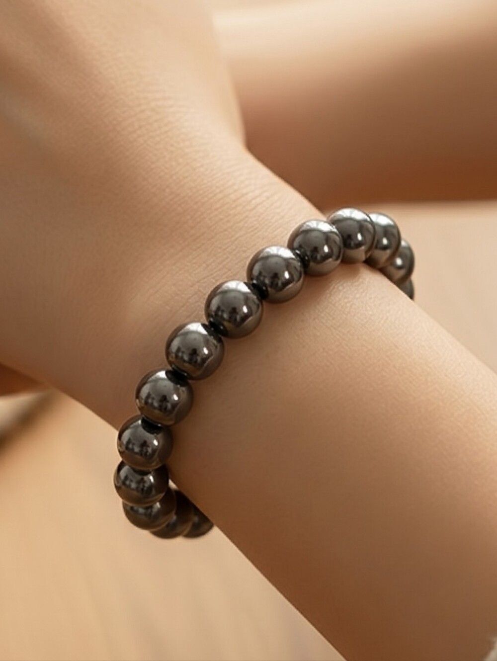 Hematite Bead Bracelet Gunmetal Black 6mm Natural Stone Stretch Modern Jewelry